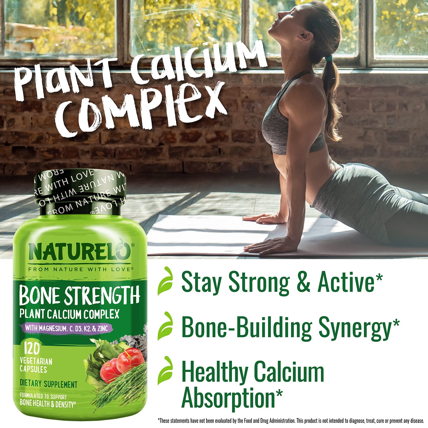 NATURELO Calcium Supplement - with Vitamin C, Vitamin D3, K2, and Calcium Magnesium Zinc for Bone Strength with Calcium 600mg - Plant-Based, 120 Vegetarian Capsules, Non-GMO, Soy & Gluten-Free