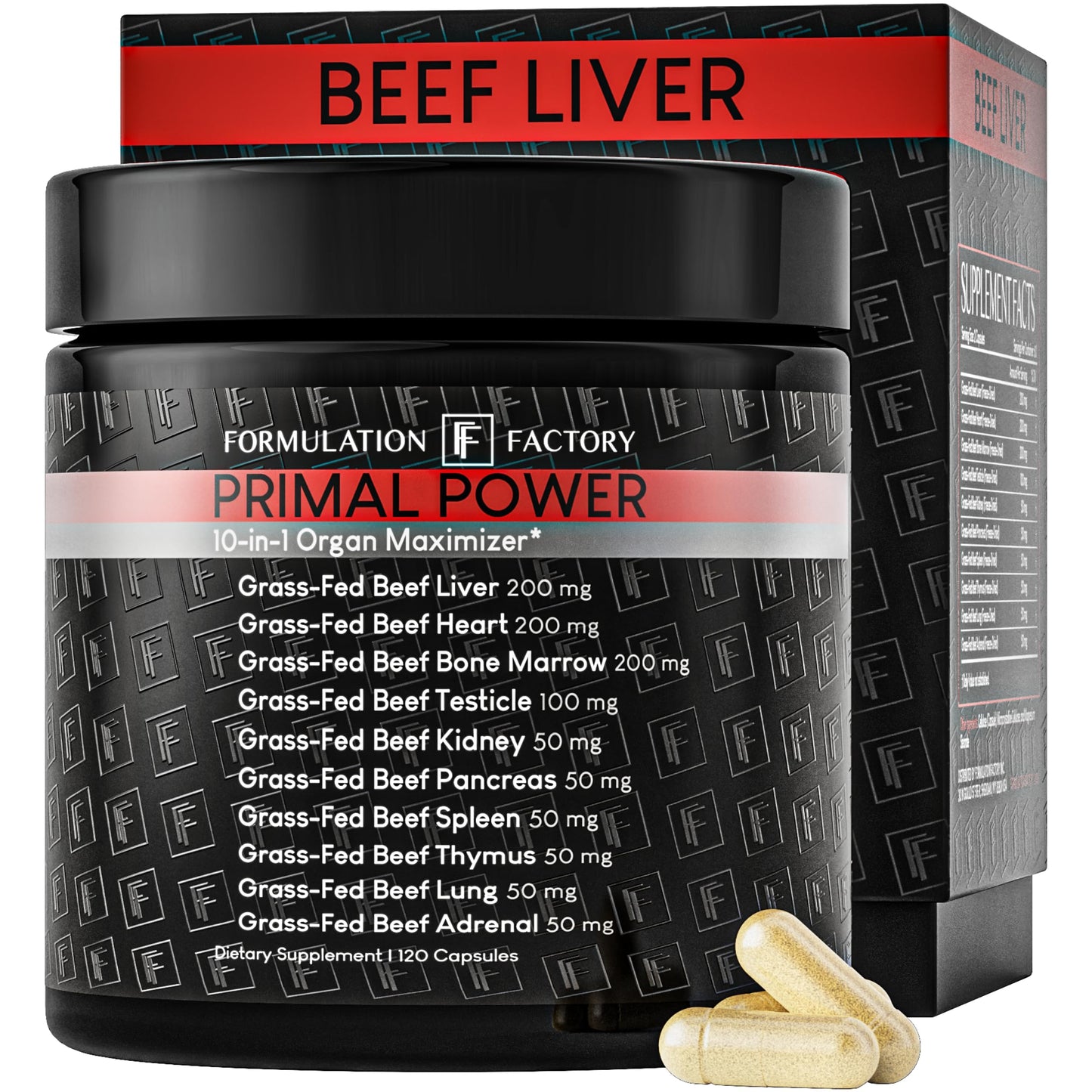 Formulation Factory Primal Power 10-in-1 Grass-Fed Beef Organ Complex with Liver, Heart, Bone Marrow, Orchic, Kidney, Spleen, Pancreas, Adrenals, Thymus & Brain - 120 Capsules