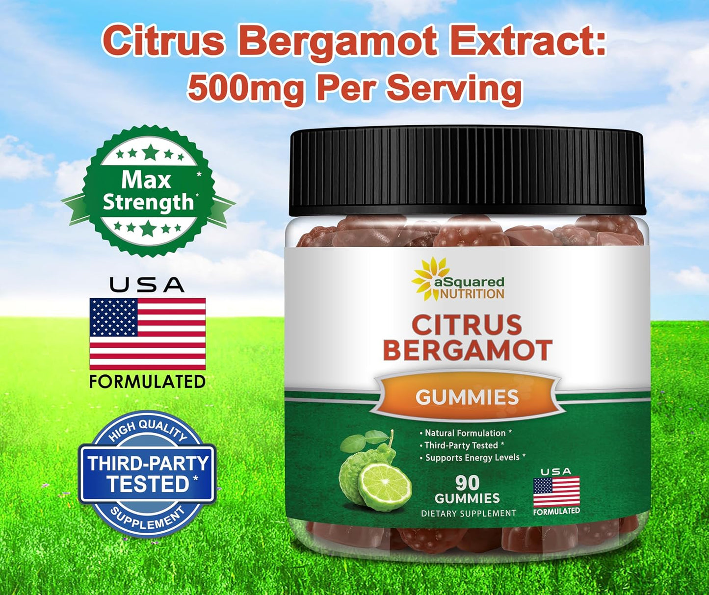 aSquared Nutrition Citrus Bergamot Gummies - Citrus Bergamot Extract Supplement 500mg Per Serving - Pure Gummy Alternative to Capsules & Pills