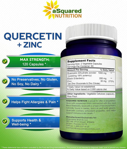 Quercetin with Zinc Supplement - 1000mg Per Serving - 120 Capsules | Quercetin Dihydrate with Zinc & Black Elderberry - Max Strength Powder Complex Pills to Help Improve Immune Response