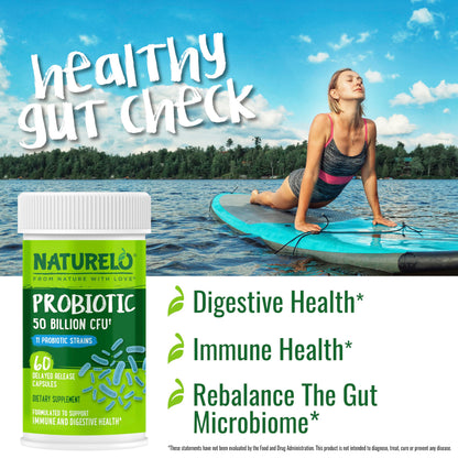 NATURELO Probiotics for Digestive Health, 50 Billion CFU, 60 Vegetarian Capsules, 11 Strains, Daily Use Supplement, Delayed Release, No-Fridge, Boosts Immune System, Probiotics for Women & Men