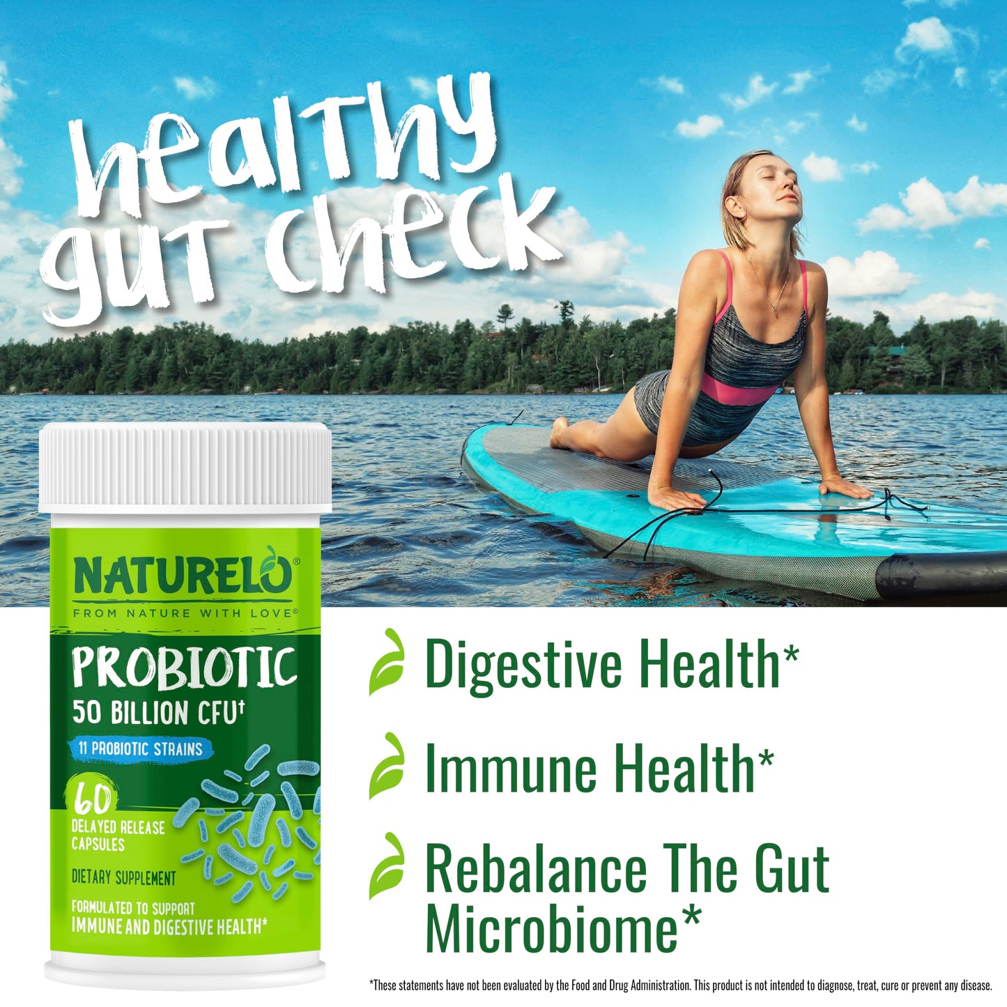 NATURELO Probiotics for Digestive Health, 50 Billion CFU, 60 Vegetarian Capsules, 11 Strains, Daily Use Supplement, Delayed Release, No-Fridge, Boosts Immune System, Probiotics for Women & Men