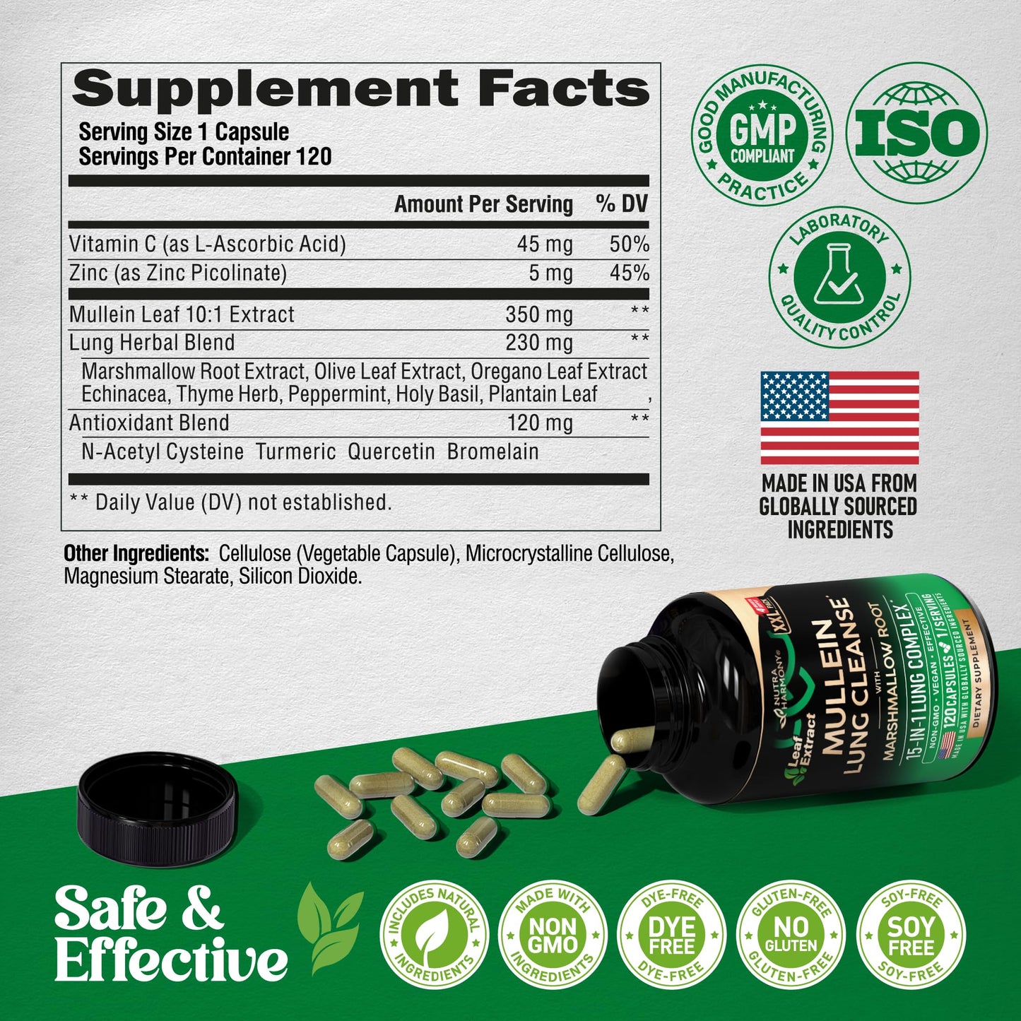 Mullein Lung Detox - Mullein Leaf 10:1 Extract - Marshmallow Root | Echinacea | Oregano | Quercetin | NAC - 15-in-1 Lung Support & Cleanse for Smokers Supplement - for Women & Men - 60 Vegan Capsules