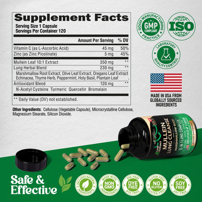 Mullein Lung Detox - Mullein Leaf 10:1 Extract - Marshmallow Root | Echinacea | Oregano | Quercetin | NAC - 15-in-1 Lung Support & Cleanse for Smokers Supplement - for Women & Men - 60 Vegan Capsules