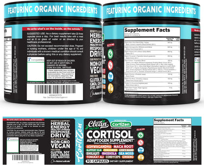 Clean Nutra Cortisol Supplements For Women | Maca Root Ashwagandha Cortisol Detox Manager Reducer + Slippery Elm Fenugreek Lions Mane Shilajit Rhodiola Sea Moss Tongkat Ali Cordyceps Ginseng Beet Root