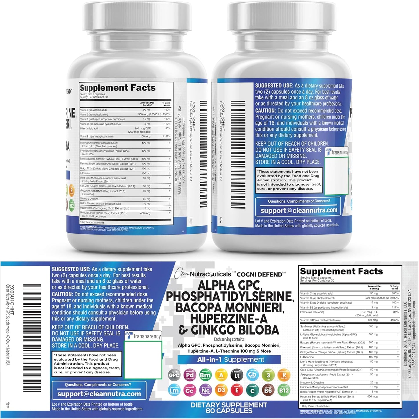 Brain Supplement Alpha GPC 300mg Phosphatidylserine Bacopa Monnieri Ginkgo Biloba Lions Mane Huperzine A L-Theanine NAC Nootropic Memory Focus Cognitive Support Vitamins B C D E 60 Capsules USA