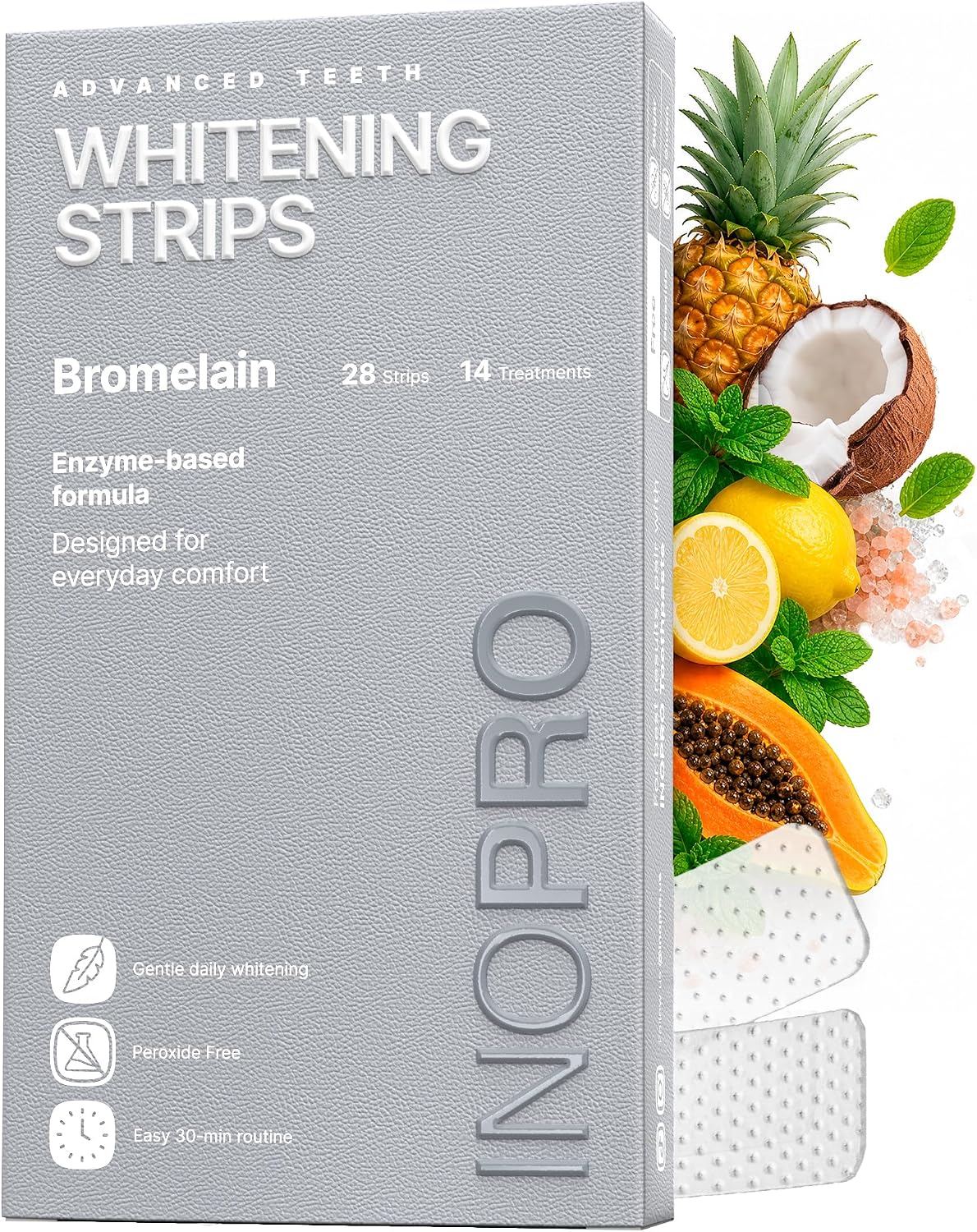 InoPro Natural Teeth Whitening Strips Kit 14 Treatments - Sensitive Teeth Whitener, Peroxide Free with Papain, Bromelain, Coconut Oil, White Strips for Teeth Whitening (28 Strips)