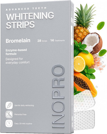 InoPro Natural Teeth Whitening Strips Kit 14 Treatments - Sensitive Teeth Whitener, Peroxide Free with Papain, Bromelain, Coconut Oil, White Strips for Teeth Whitening (28 Strips)