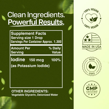 Liquid Iodine Drops – 1300 Servings Potassium Iodide for Thyroid, Metabolism & Detox Support – 2X Absorption – 3 Year Supply – USA Made, Gluten Free, Vegan – 2 Fl Oz