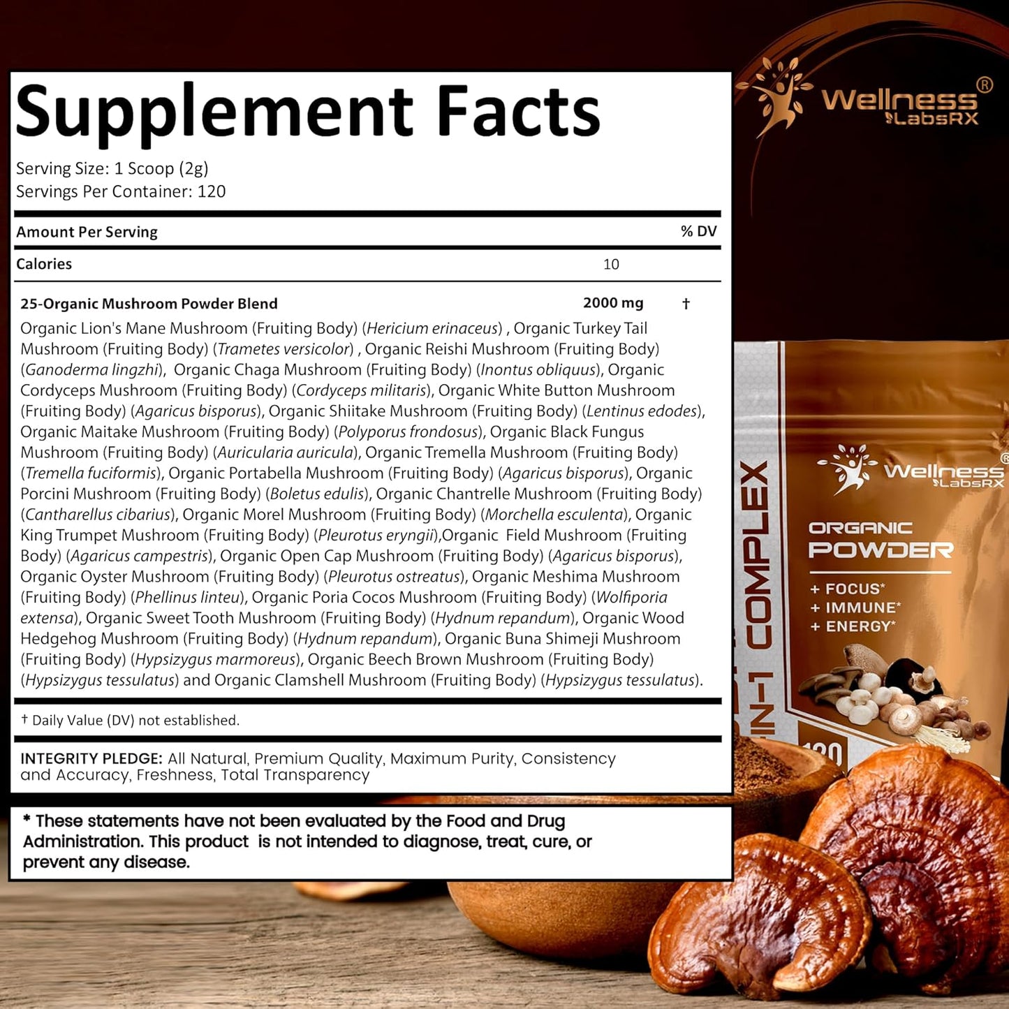 WELLNESS LABSRX Mushroom Powder 2000mg - Mushroom Coffee Blend 5500mg | Bundle