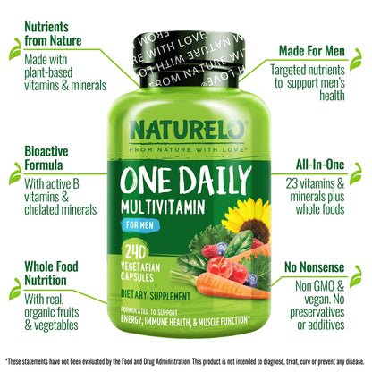 NATURELO Mens Multivitamins - One Daily Multivitamin for Men with Vitamins, Minerals & Organic Whole Foods, Boost Energy & Health, Non-GMO, 120 Vegetarian Capsules