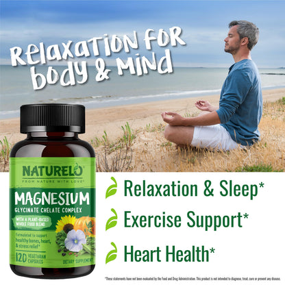 NATURELO Magnesium Glycinate Chelate Complex - 200 mg Magnesium with Organic Vegetables to Support Sleep, Calm, Muscle Cramp & Stress Relief - Gluten Free, Non GMO - 120 Capsules