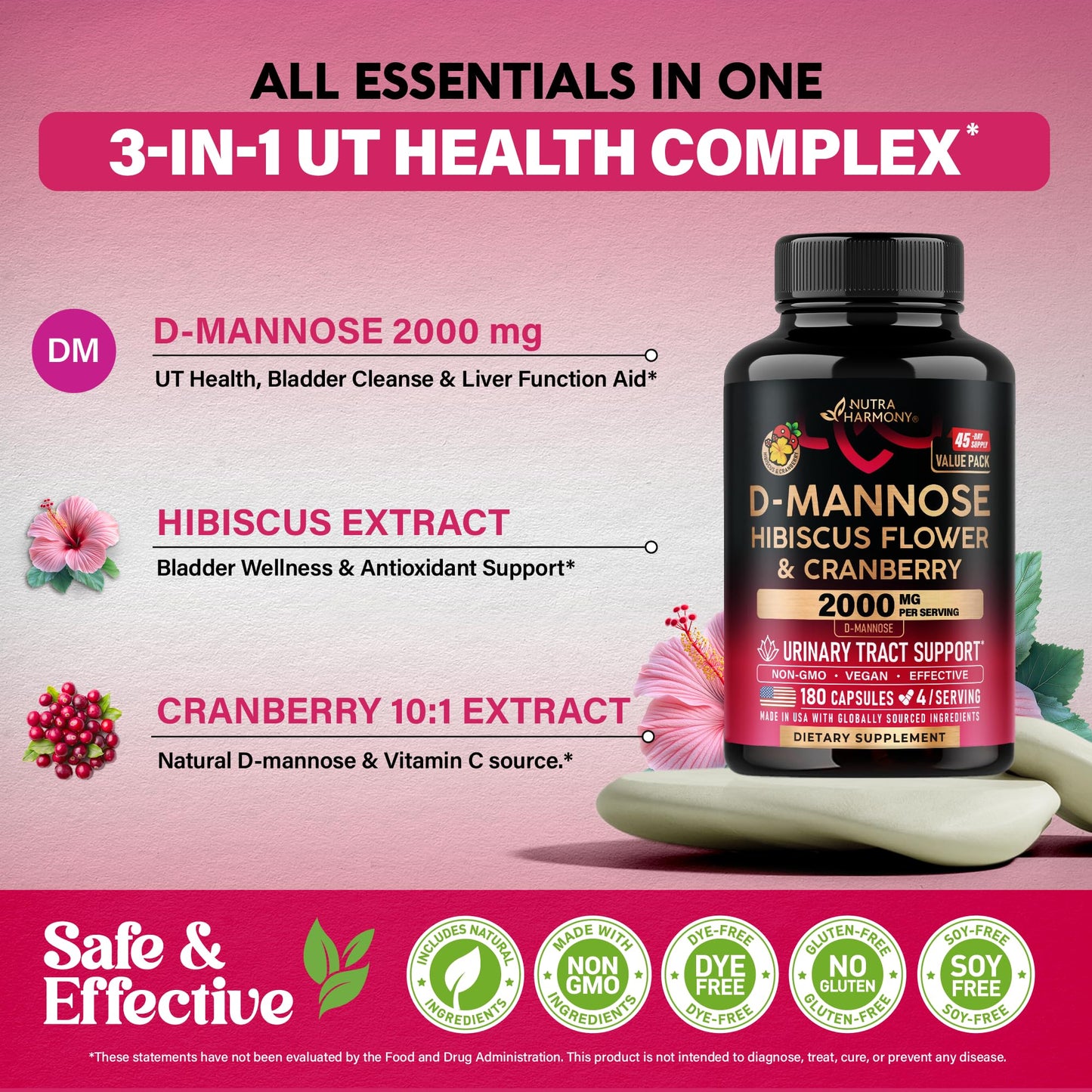 D-Mannose 2000mg with Cranberry & Hibiscus - Clinically Tested Strength for Urinary Tract Health - Supplement for Women - Bladder, Liver & Microflora Support - Lab Tested - Vegan, 120 Capsules