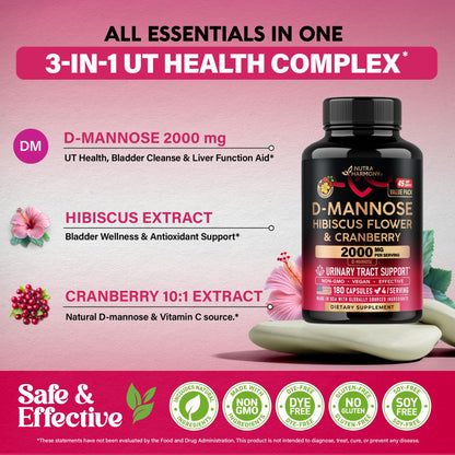 D-Mannose 2000mg with Cranberry & Hibiscus - Clinically Tested Strength for Urinary Tract Health - Supplement for Women - Bladder, Liver & Microflora Support - Lab Tested - Vegan, 120 Capsules