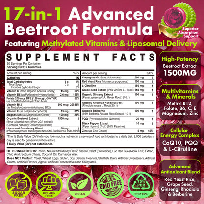 Beet Root Gummies, 17-IN-1 Liposomal Beetroot Superfood with CoQ10, Grape Seed, L-Citrulline, PQQ, Methyl B12, B6, Magnesium, Ginseng, Nitric Oxide Supplements for Circulation, Energy & Immune, 2Pack