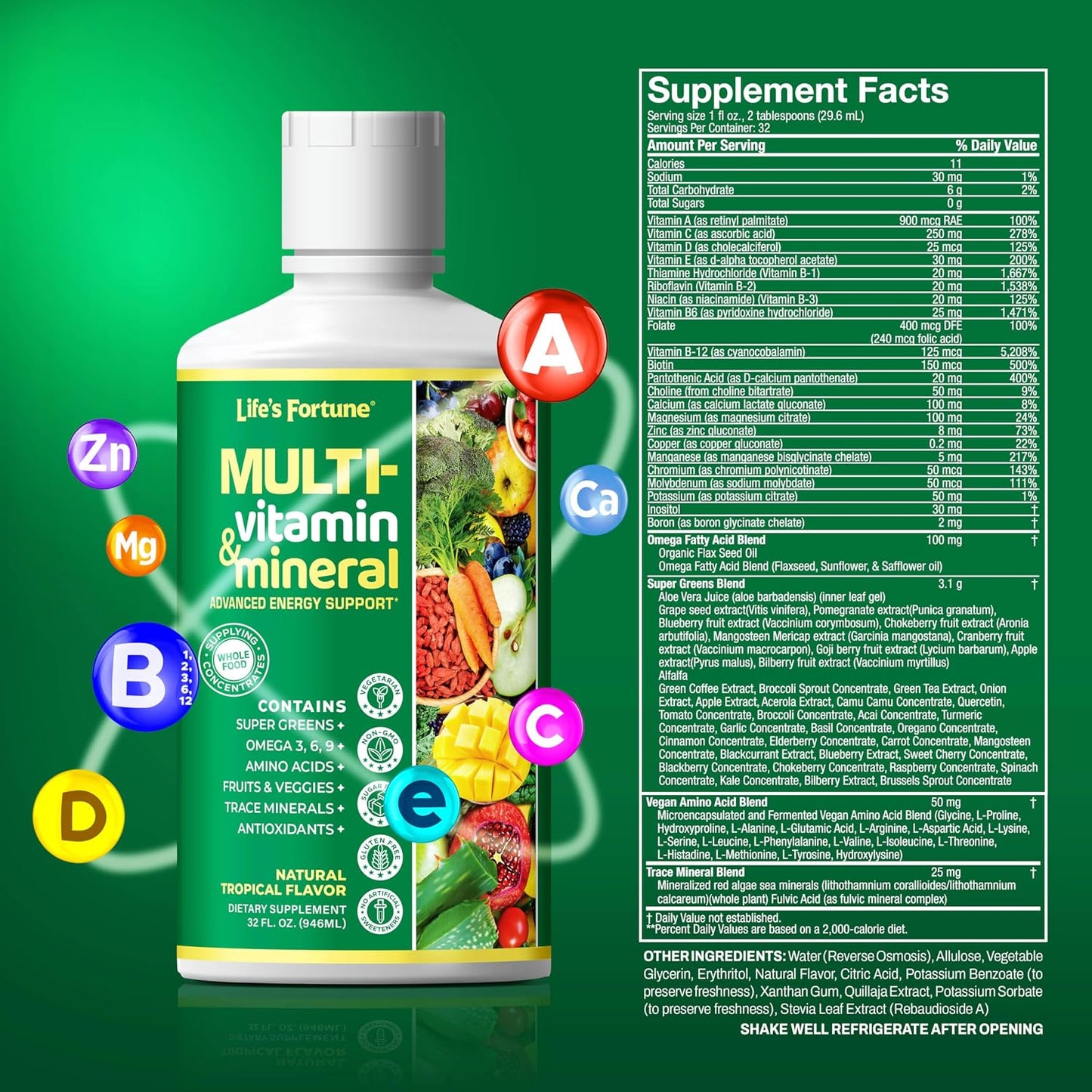 Life’s Fortune Liquid Multivitamin for Adults and Seniors – Fast Absorption Vitamins and Minerals with 90+ Nutrients for Energy and Immune Support – Easy to Digest, Sugar Free, Tropical Flavor, 32 oz