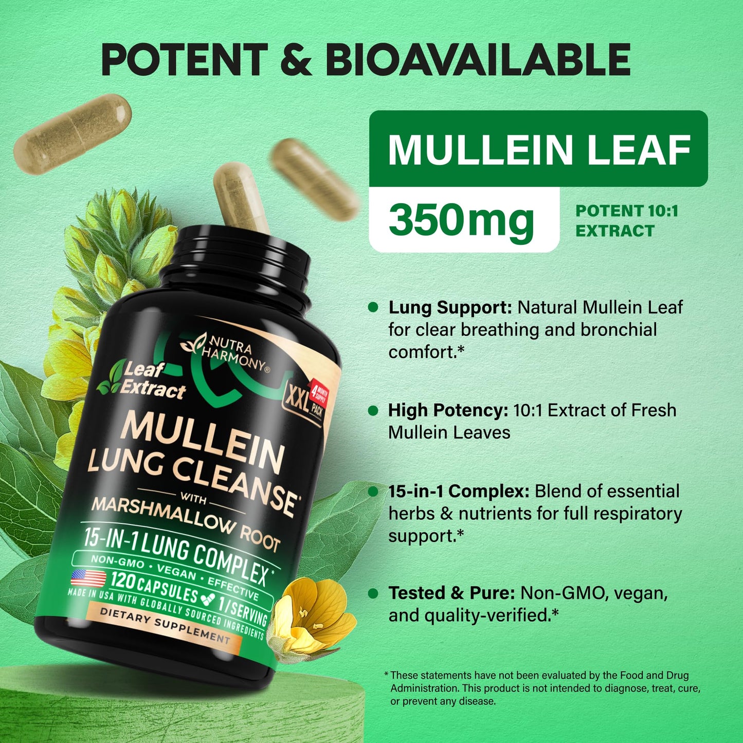Mullein Lung Detox - Mullein Leaf 10:1 Extract - Marshmallow Root | Echinacea | Oregano | Quercetin | NAC - 15-in-1 Lung Support & Cleanse for Smokers Supplement - for Women & Men - 60 Vegan Capsules
