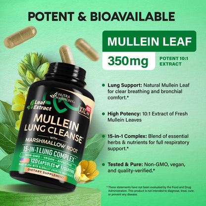 Mullein Lung Detox - Mullein Leaf 10:1 Extract - Marshmallow Root | Echinacea | Oregano | Quercetin | NAC - 15-in-1 Lung Support & Cleanse for Smokers Supplement - for Women & Men - 60 Vegan Capsules