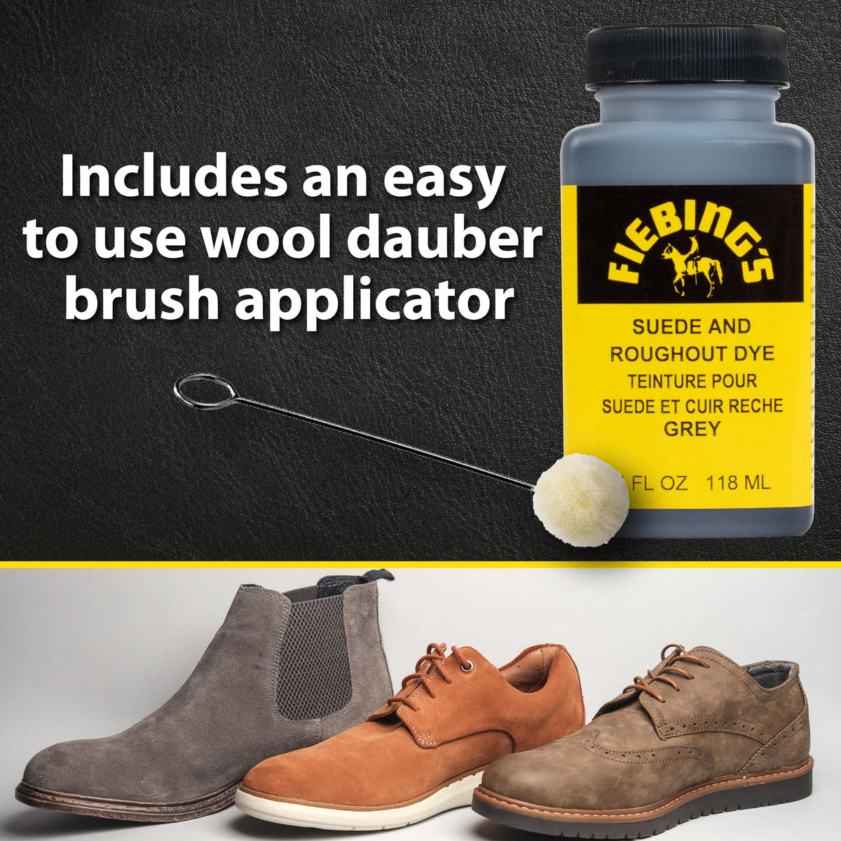 Fiebing's Black Suede Dye (4 oz) - Recolor, Brighten & Restore Suede & Roughout Leather Shoes, Furniture, Purse - Includes Wool Dauber for Easy Application - Flexible When Dry, Won't Crack or Peel