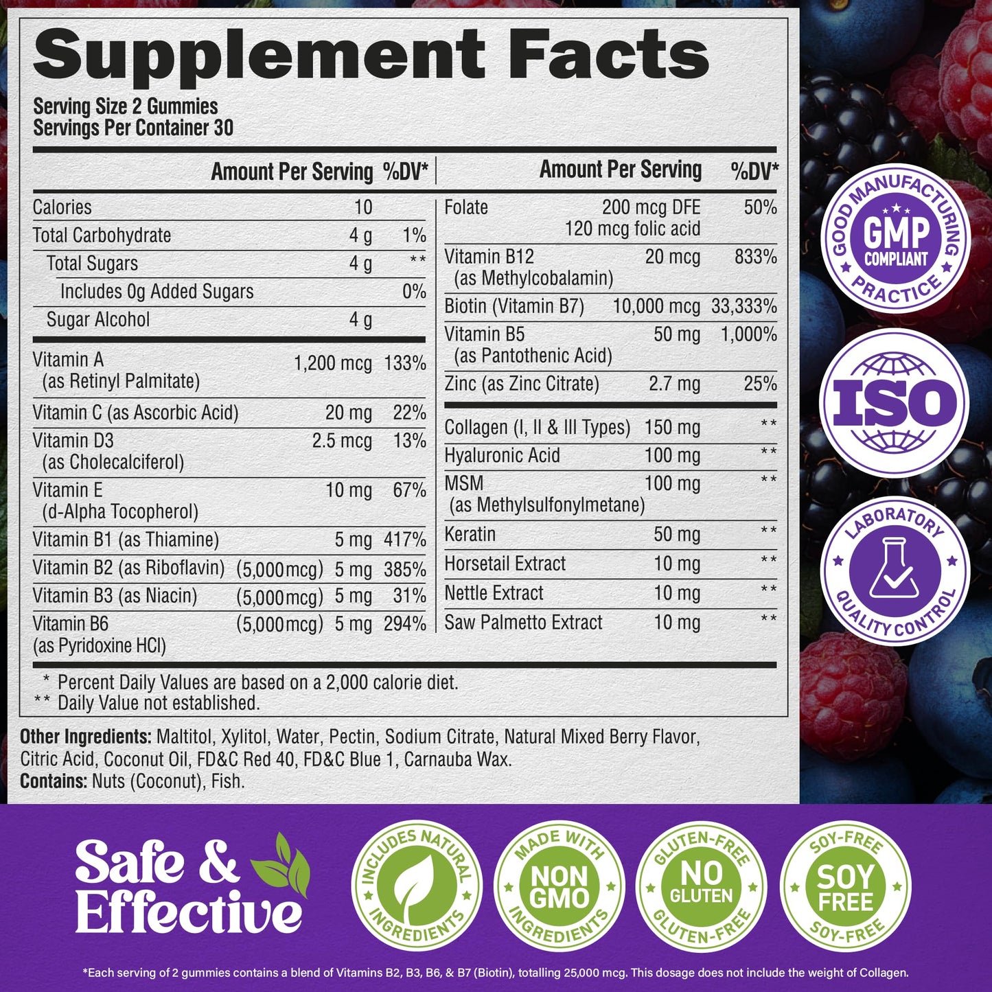 Biotin Gummies with Collagen - Hair Growth Support, Skin, & Nail Strength - for Women & Men - Biotin 10000mcg | Keratin | Hyaluronic Acid | B-Complex | Nettle - Sugar-Free, Mixed Berry, 60 Gummies