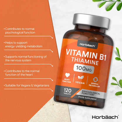 Vitamin B1 Thiamine High Strength 100mg | 120 Vegan Tablets | No Artificial