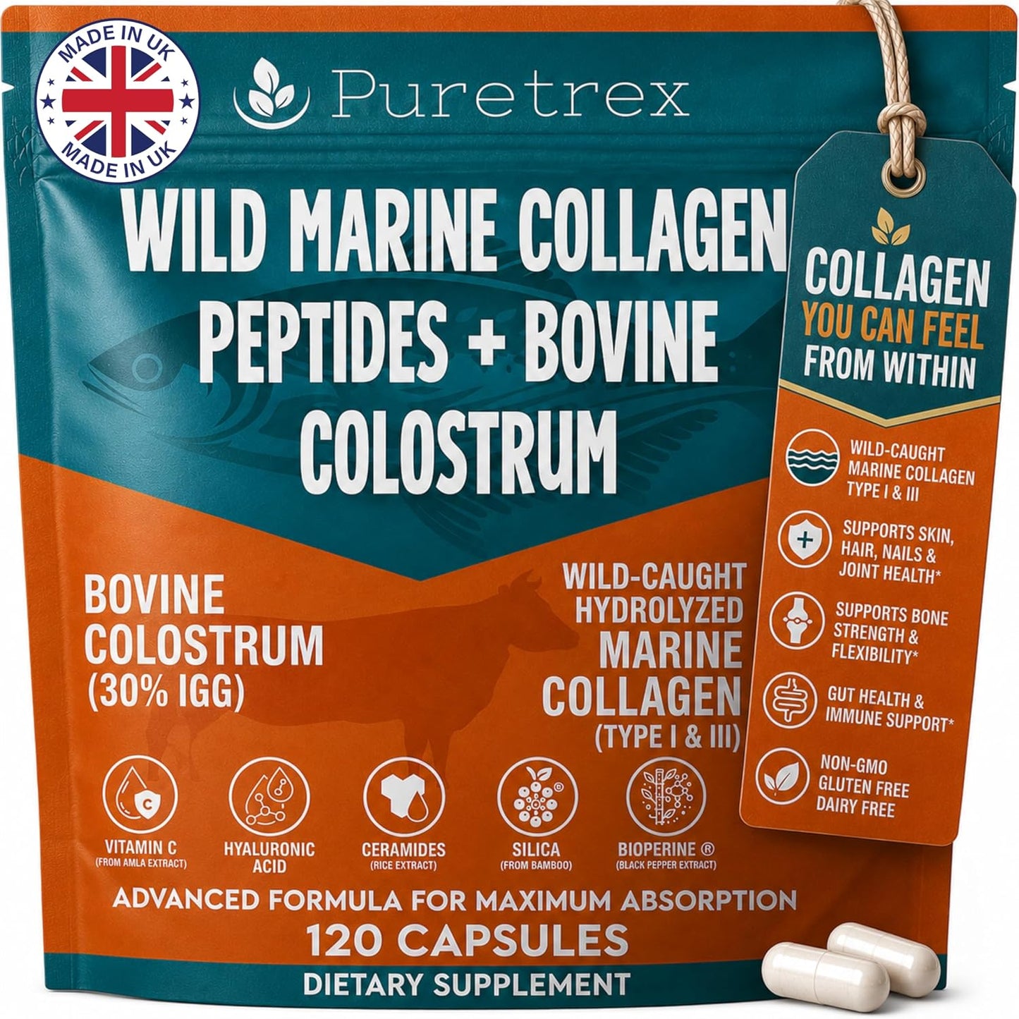 Marine Collagen Peptides Capsules, 120 Capsules with Bovine Colostrum, Hydrolyzed Type I & III Wild-Caught Formula, Hyaluronic Acid, Amla Vitamin C, Silica, Ceramides, BioPerine
