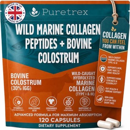 Marine Collagen Peptides Capsules, 120 Capsules with Bovine Colostrum, Hydrolyzed Type I & III Wild-Caught Formula, Hyaluronic Acid, Amla Vitamin C, Silica, Ceramides, BioPerine