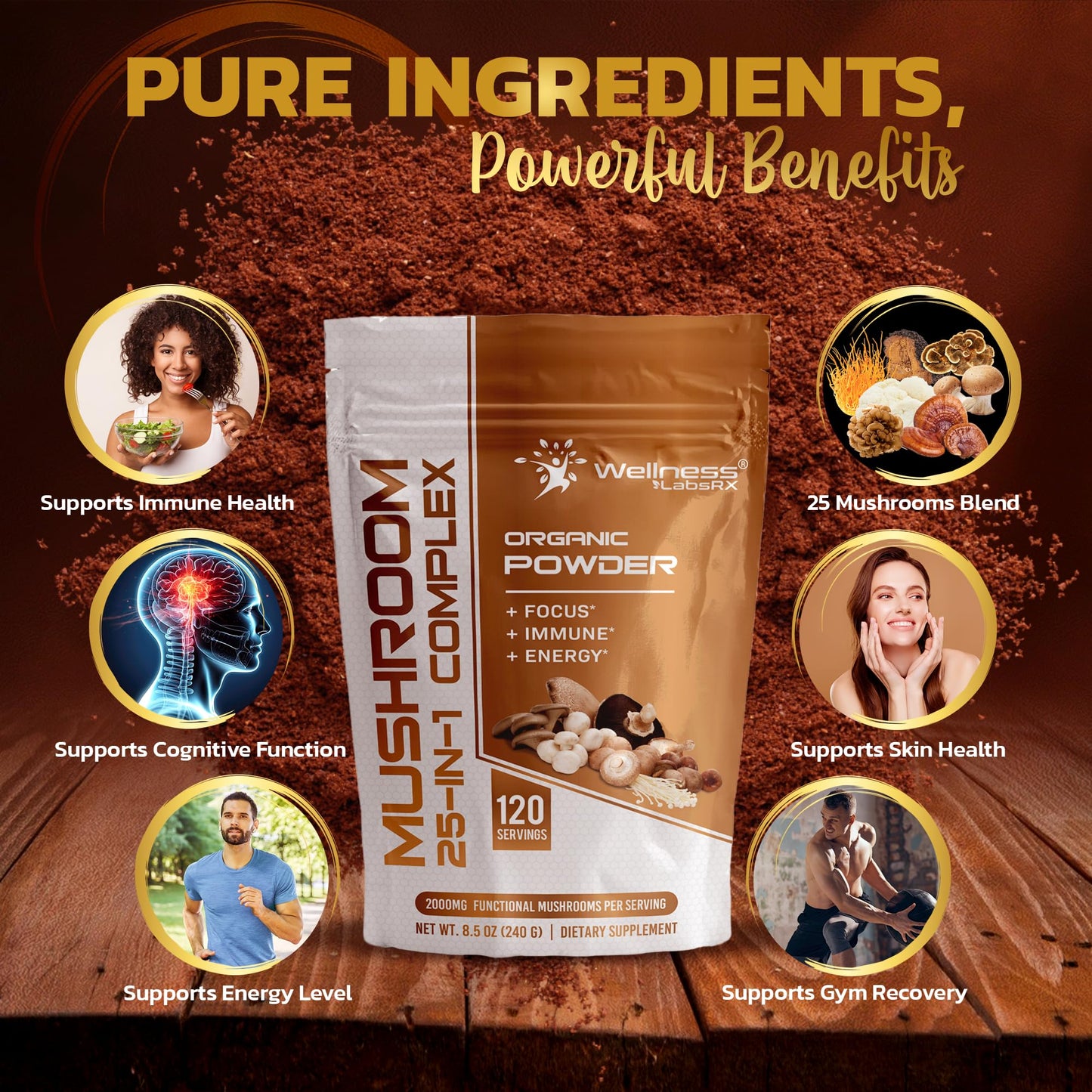 WELLNESS LABSRX Mushroom Powder, 25 in 1 Mushrooms Supplement - 2000mg, 25 Superfood Mishroom Lions Mane Powder with Chaga, Shiitake, Cordyceps, Reishi - Lion's Mane Mushroom - 120 Servings