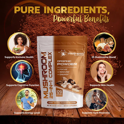 WELLNESS LABSRX Mushroom Powder, 25 in 1 Mushrooms Supplement - 2000mg, 25 Superfood Mishroom Lions Mane Powder with Chaga, Shiitake, Cordyceps, Reishi - Lion's Mane Mushroom - 120 Servings