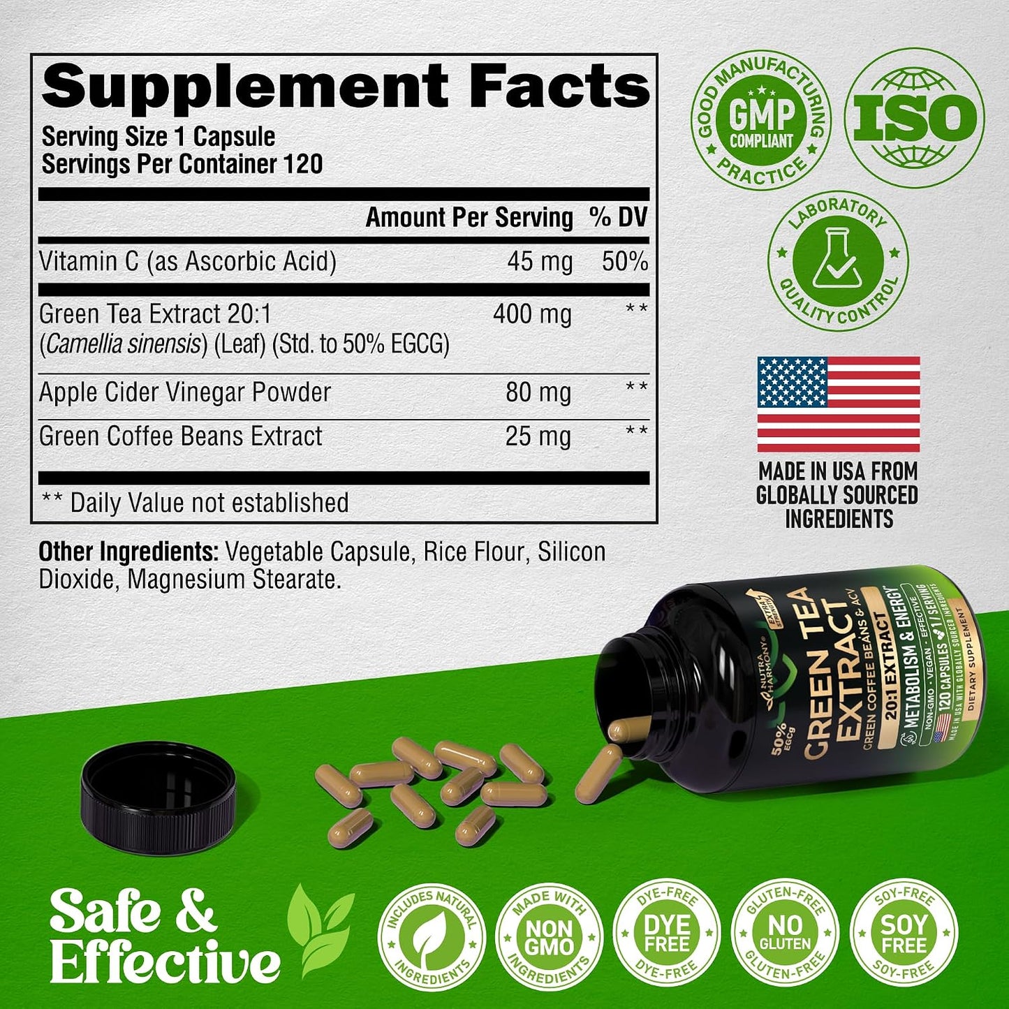 Green Tea Extract - 50% EGCG, Extra Strength 20:1 Extract - Natural Green Tea Supplement + Green Coffee Beans & Apple Cider Vinegar - Energy & Metabolism Support - for Men & Women - Vegan 120 Capsules