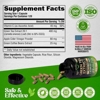 Green Tea Extract - 50% EGCG, Extra Strength 20:1 Extract - Natural Green Tea Supplement + Green Coffee Beans & Apple Cider Vinegar - Energy & Metabolism Support - for Men & Women - Vegan 120 Capsules