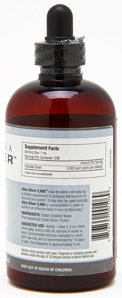 Ultra Silver® Colloidal Silver | 5,000 PPM, 8 Oz (236mL) | Ships as (2) 4 Ounce Glass Bottles | Mineral Supplement | True Colloidal Silver - with Dropper