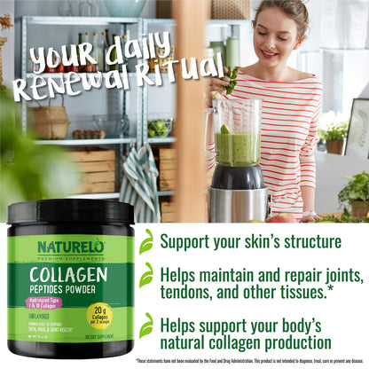 NATURELO Collagen Peptide Powder, Hydrolyzed Collagen Type I & III, Skin Hair & Joint Health - Unflavored, 16 Ounces | 45 Servings