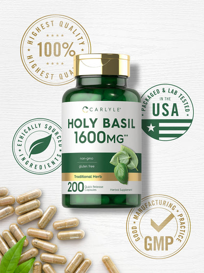 Carlyle Holy Basil Capsules 1600 mg | 200 Count | Tulsi Holy Basil Leaf Extract | Herbal