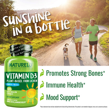 NATURELO Vitamin D - 2500 IU - Plant Based from Lichen - Natural D3 Supplement for Immune System, Bone Support, Joint Health - Vegan - Non-GMO - Gluten Free - 180 Capsules