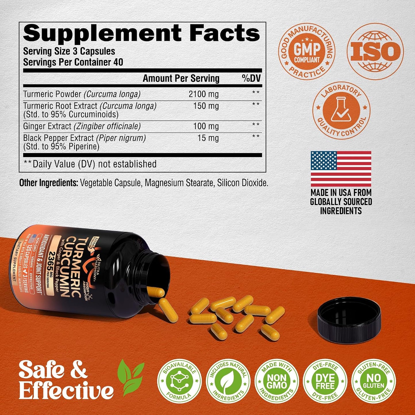 Turmeric Curcumin Supplement 2365 mg - Turmeric with Ginger & Black Pepper - Highly Bioavailable & Extra Strength 95% Curcuminoids - Antioxidant, Immunity & Joint Support - Lab Tested - 120 Capsules