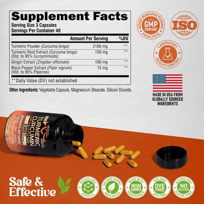 Turmeric Curcumin Supplement 2365 mg - Turmeric with Ginger & Black Pepper - Highly Bioavailable & Extra Strength 95% Curcuminoids - Antioxidant, Immunity & Joint Support - Lab Tested - 120 Capsules