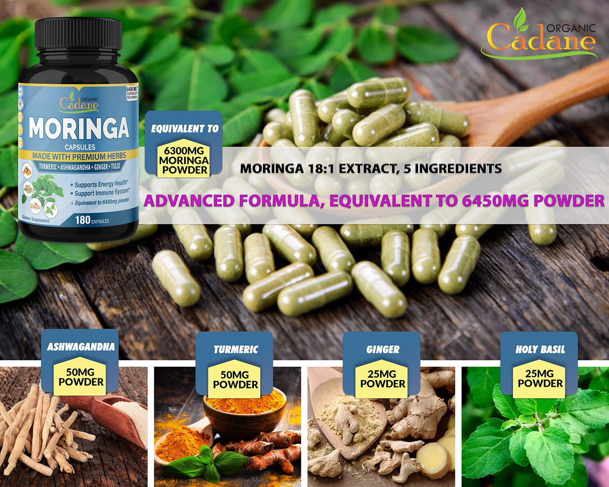Organic Moringa Extract Capsules 6450mg, 6 Months Supply with Ashwagandha Root