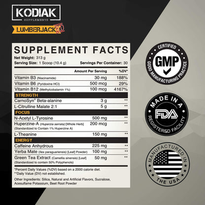 Kodiak Supplements LUMBERJACKED Pre-Workout Supplement with CarnoSyn 30 Servings