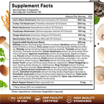 Superfood MD Lions Mane Mushroom Supplement with Turkey Tail Reishi Cordyceps Chaga with Marshmallow Root - 120 Count