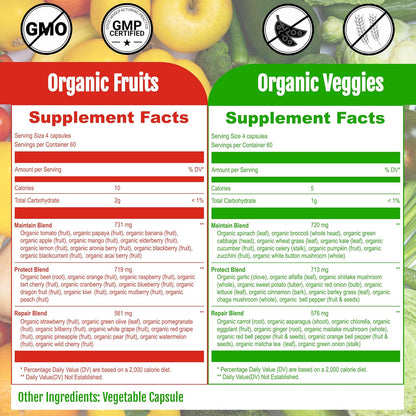 UpNourish Organic Fruits and Veggies Supplement - Support Diet Balance, Body Cleanse & Energy - 480 Fruits and Super Greens Capsules from Nature - Fruit and Vegetable Supplements for Adults & Kids