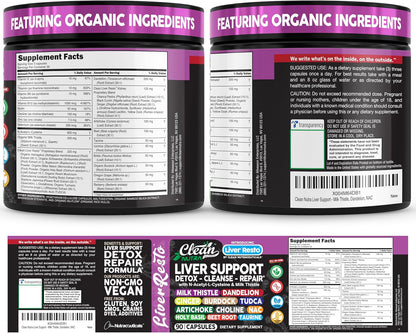 Clean Nutraceuticals Liver Cleanse Detox & Repair | Milk Thistle Supplement + NAC, TUDCA, Dandelion Root, Artichoke, Choline, Ginger, Beet Root, Burdock, Taurine, Liver Support 90 Capsules