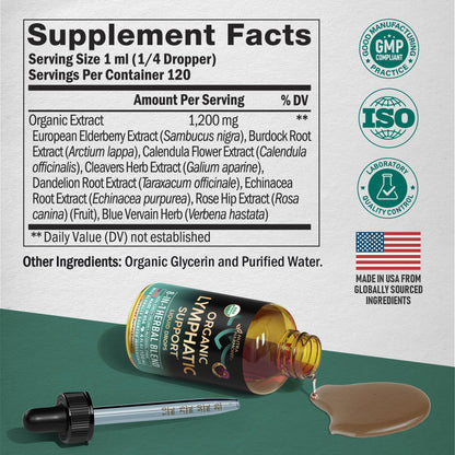 USDA Organic Lymphatic Drainage Supplement - Echinacea | Elderberry | Dandelion | Rosehip | Cleavers | Calendula | Burdock - Lab Tested - Lymph System Drops - Immune Support, Cleanse & Detox, 2 fl oz