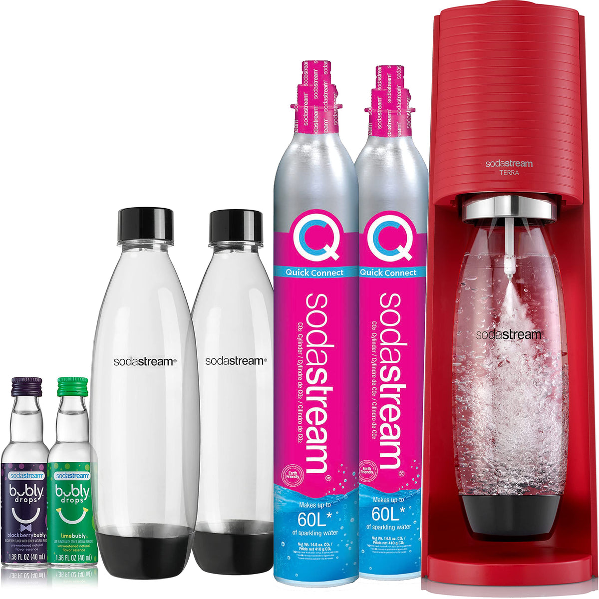 SodaStream Terra Sparkling Water Maker Bundle (Red), with CO2, DWS Bottles, and Bubly 