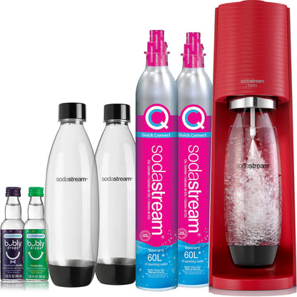 SodaStream Terra Sparkling Water Maker Bundle (Red), with CO2, DWS Bottles, and Bubly 