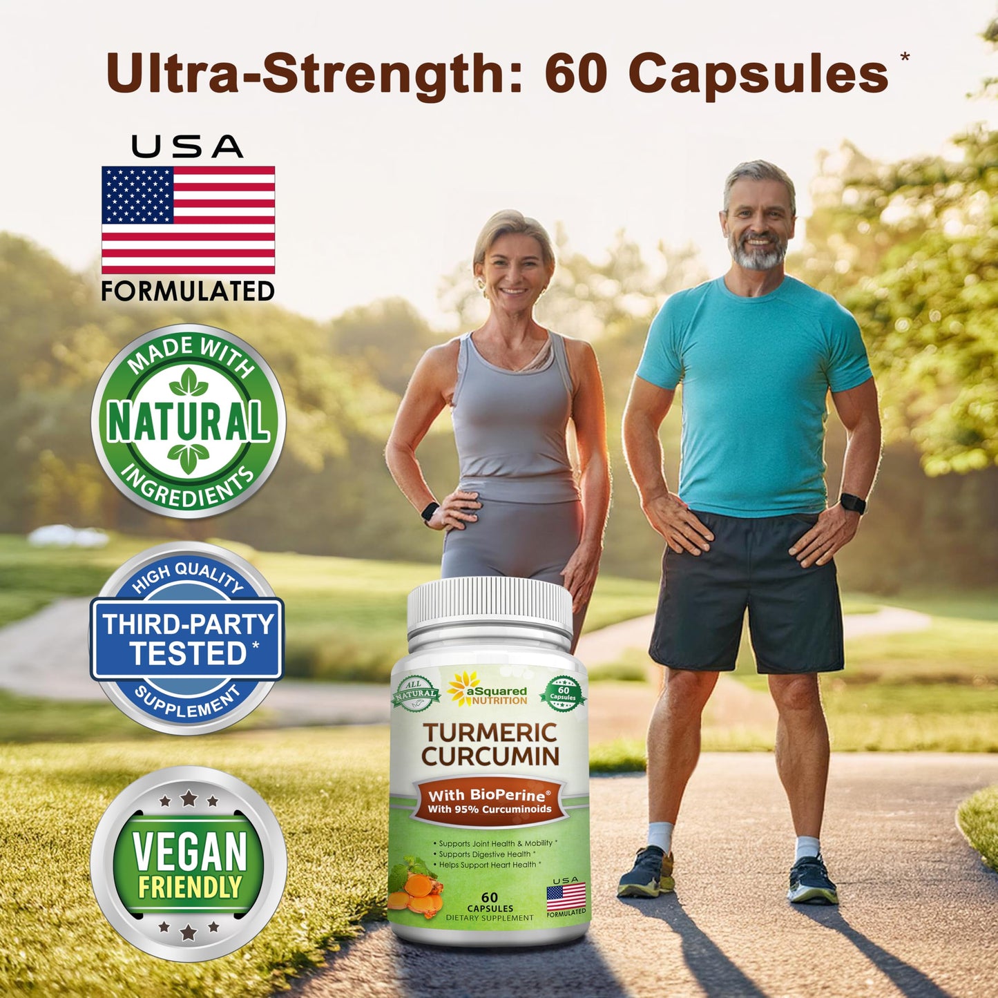 aSquared Nutrition Turmeric Curcumin 1300mg with BioPerine Black Pepper Extract - 180 Capsules - with 95% Curcuminoids, 100% Natural Tumeric Root Powder Supplements, Pure & Joint Stiffness Pills