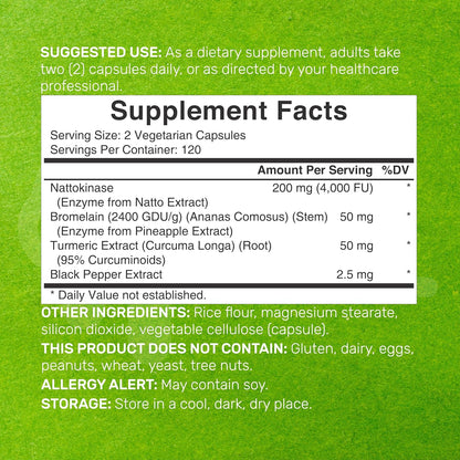 Nattokinase Supplement 4,000 FU Per Serving, 240 Veggie Capsules – Japanese Natto with Bromelain, Turmeric Curcumin & Black Pepper Complex – Digestive Enzymes & Heart Health – Non-GMO, Vegan