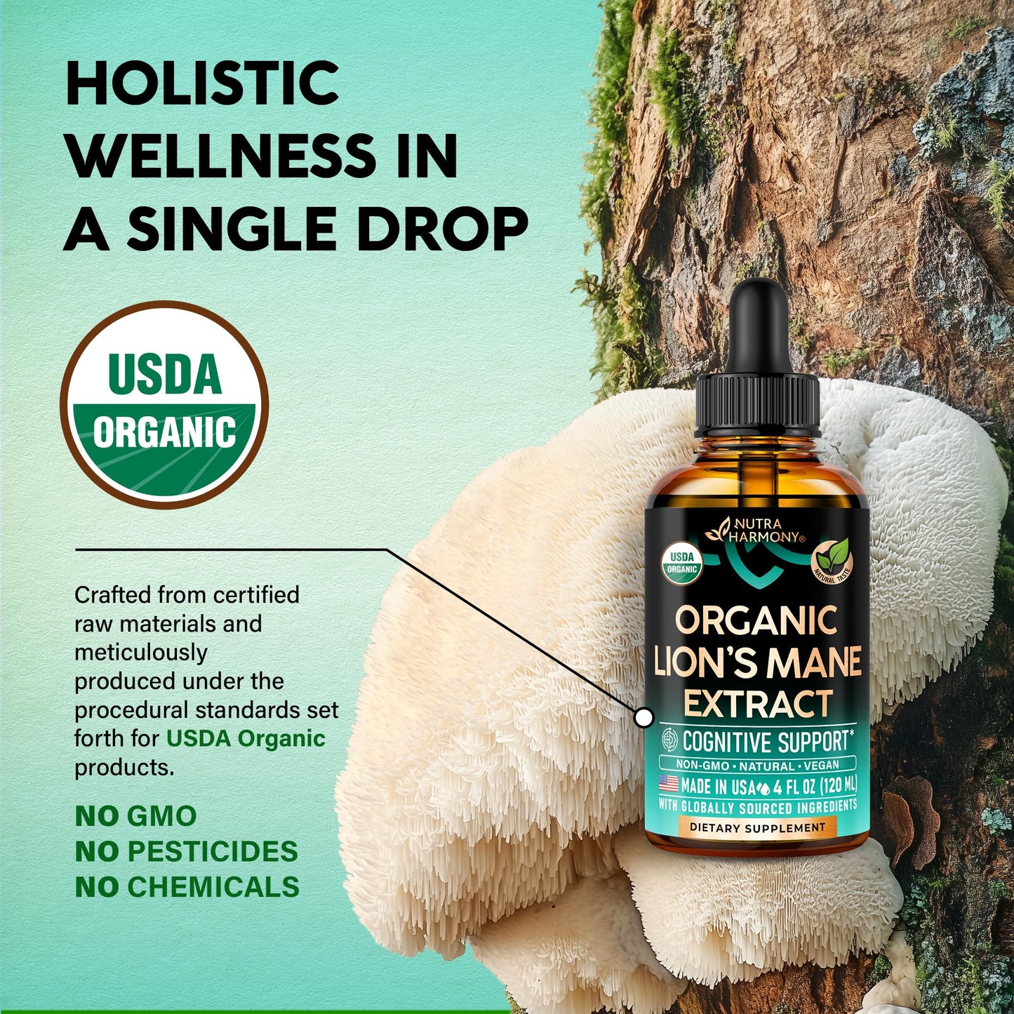 Lions Mane Liquid - USDA Certified Organic Lions Mane Supplement - Brain Support, Energy, Memory & Focus - Sugar & Alcohol-Free Lion's Mane Mushroom Extract 72,000 mg / Bottle, 2 Fl OZ, 2 Month Supply