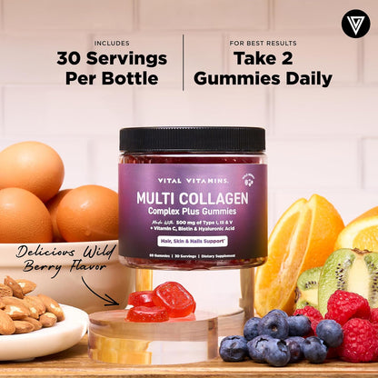 Vital Vitamins Multi Collagen Complex Plus Gummies - Collagen Peptides Types I, III & V with Hyaluronic Acid, Biotin, Vitamin C & Vitamin D - Hair, Skin & Nail Support - Wild Berry - 60 Count