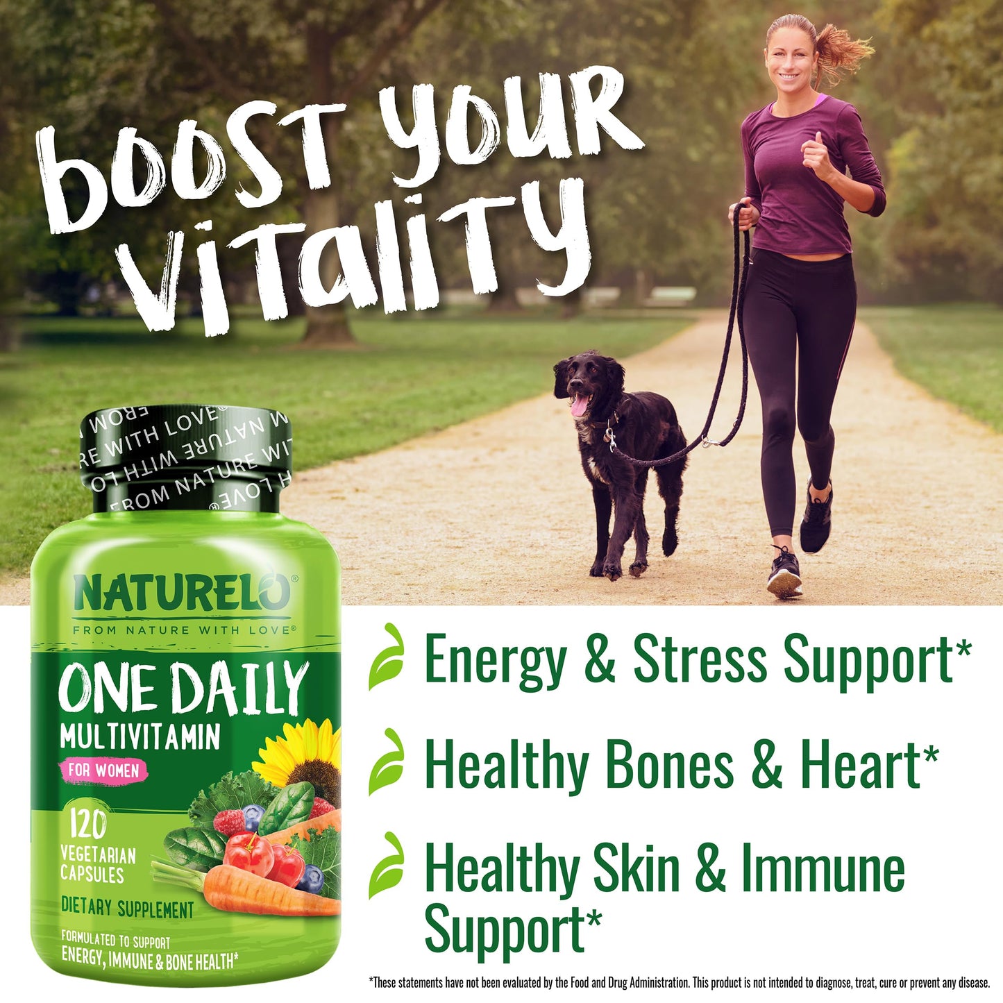 NATURELO One Daily Multivitamin for Women w/Vitamin B12, 120 Ct, Energy Support, Whole Food Daily Women Multivitamin Supplement, Nourish Hair/Skin/Nail, Non-GMO, No Soy, Gluten Free, 4 Month Supply